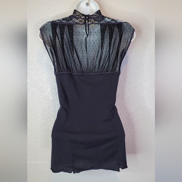 Free People Rare Black Sheer Lace Beaded Fitted Blouse Mandarin Collar Sz Medium - Picture 6 of 9